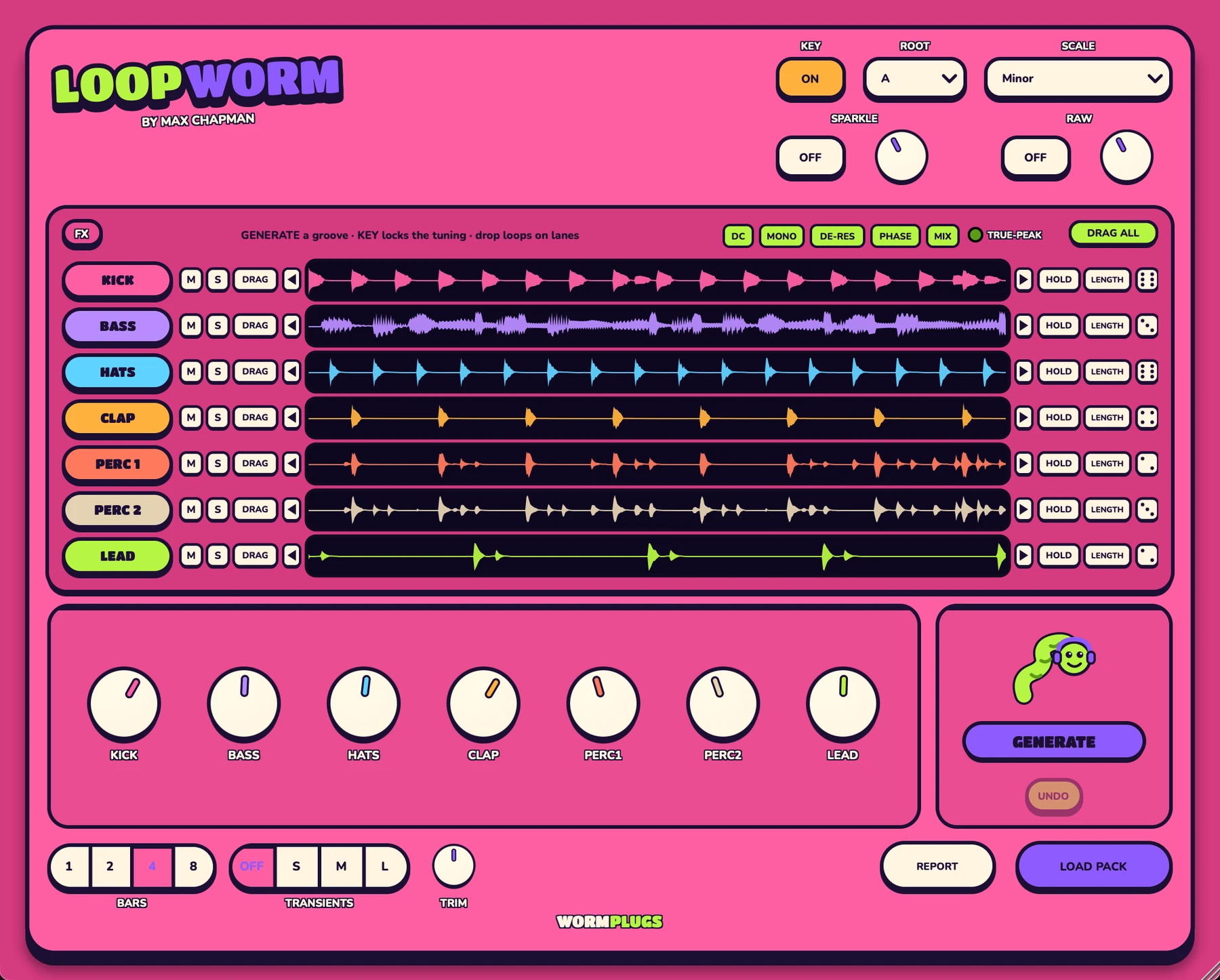 The Loopworm plugin window with a pack loaded: KEY on, ROOT and SCALE set to A
                minor across the header, and seven lanes — KICK, BASS, HATS, CLAP, PERC 1,
                PERC 2 and LEAD — each showing the waveform of the loop sitting on it, above a
                row of per-lane volume dials and the GENERATE button.